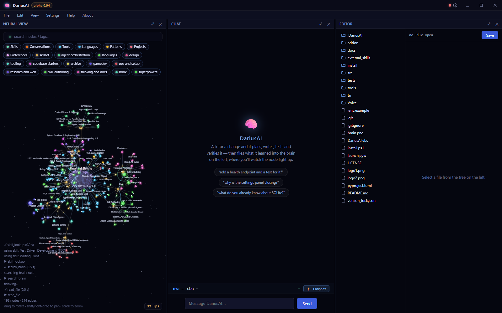 The full DariusAI window: neural view on the left with a live activity log, chat in the middle, code editor and file tree on the right.