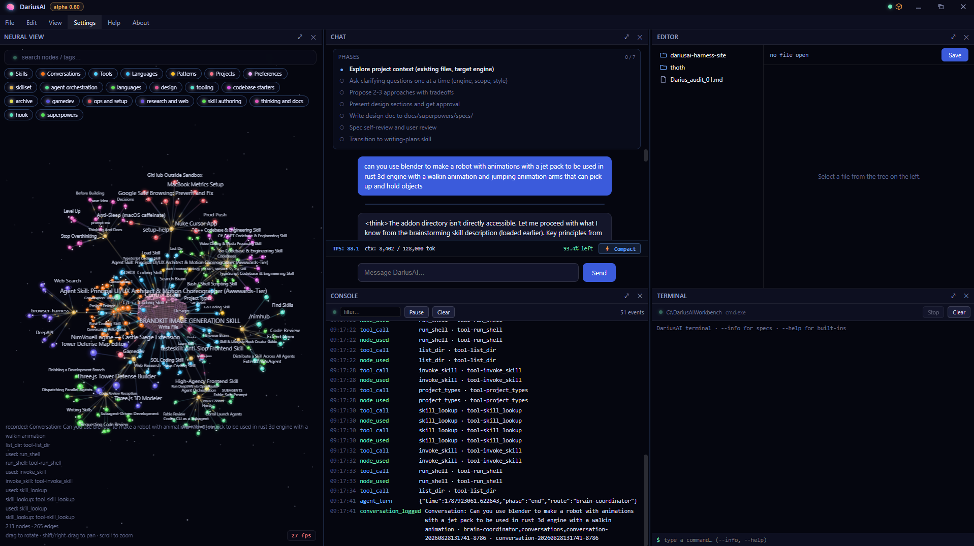 DariusAI desktop harness in its first phase, showing the Neural View, an early Chat thread, and a populated Console.